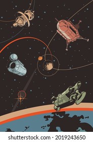 Retro Future Style Space Illustration, Spacecraft, Orbital Station, Rockets and Planet