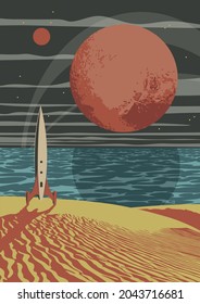 Retro Future Style Space Illustration, Space Rocket, Red Planet, Desert and Ocean