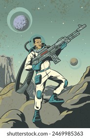 Ilustración de espacio de estilo futuro retro. Soldado cósmico con enorme Lasergun, planetas alienígenas, patrón de textura de grunge 