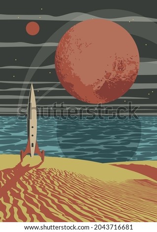 Retro Future Style Space Illustration, Space Rocket, Red Planet, Desert and Ocean