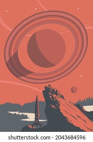 Retro Future Style Space Ilustration, Saturn  And Space Rocket