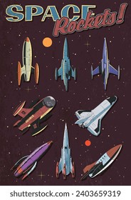 Retro Future Style Space Rockets and Spaceships, 1950s - 1960s Style Illustration, Aged Texture, Vintage Colors 