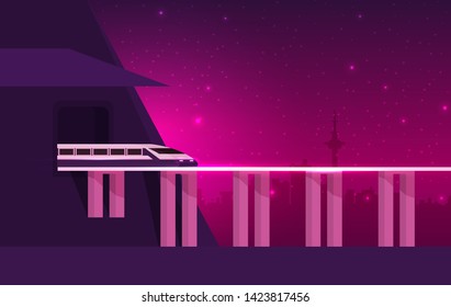 Retro future train on railway. Vector travel concept background.