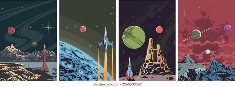 Retro Futurism 1950-1960s Style Fantastic Space Landscape Posters Set