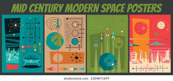 Retro Futurism 1950s-1960s Style Abstract Space Landscape Posters Set