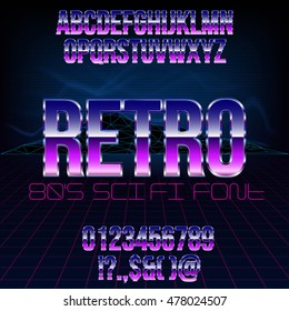 Retro futurism 80's sci-fi style metallic chrome violet colored bright style action movie vector font set.