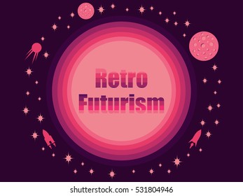 Retro futurism in 80's retro style. Space travel, asteroids and space ships. Vector illustration.