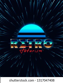 Retro futurism background. 80s style illustration. Stars burst backdrop .Blue striped sun. Retro wave & synth wave vector illustrations.