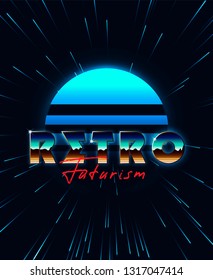 Retro futurism background. 80s style illustration. Stars burst backdrop .Blue striped sun. Retro wave & synth wave vector illustrations.
