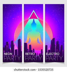 Retro Futurism banner set. Vector futuristic synth wave illustration. 80s Retro poster Background with Night City Skyline and Buddha. Rave party Flyer design template in 1980s style.