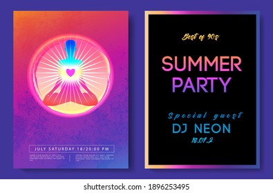 Retro Futurism banner set. Vector futuristic synth wave illustration. 80s Retro poster Background with Night City Skyline and Buddha. Rave party Flyer design template in 1980s style.