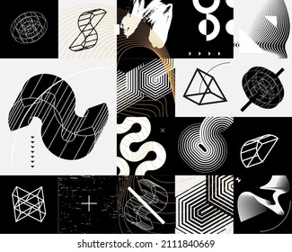 Retro futurism and cyberpunk 3D geometric shapes. Modern monochrome set . Abstract digital elements for web banner, posters, cover design, futuristic memphis.