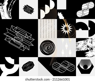 Retro futurism and cyberpunk 3D geometric shapes. Modern monochrome set . Abstract digital elements for web banner, posters, cover design, futuristic memphis.