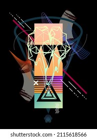 Retro futurism and cyberpunk poster design. 3D geometric shapes with glitch effect.