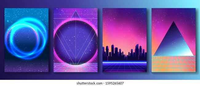 Retro Futurism flyer set. Vector futuristic synth wave illustration. 80s Retro poster Background. Good design for poster, t-shirt  print design and poster background. Futuristic vector illustration in