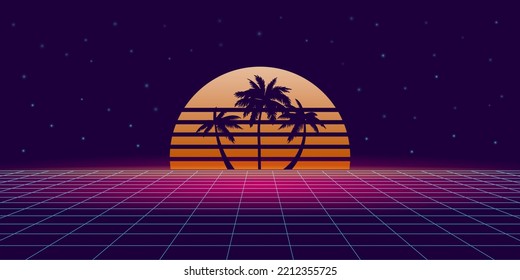 Retro futurism grid with palm trees on sunset background