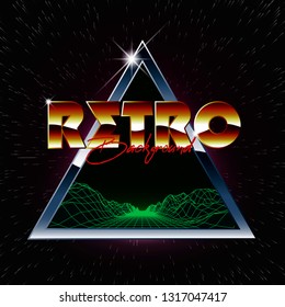 Retro futurism illustration. Landscape grid in triangular frame. 80s style design. Starry night sky. Retro wave vector illustration.