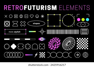 Retro Futurismus Linienelemente. Zukünftiger geometrischer Brutalismus Verspielte Formen im Y2K-Stil. Brutalismus und ästhetischer Minimalismus. Retro futuristische Party. Abstrakte geometrische Elemente für modernes Design. fantasieren