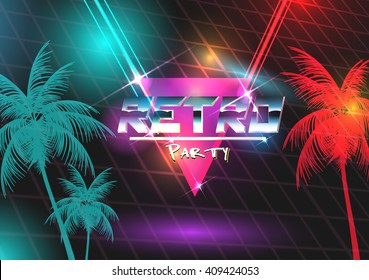 Retro Futurism Neon 80s Disco Poster With Palm Tree - Vector Illustration