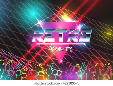 Retro Futurism Neon 80s Disco Poster with Crowd - Vector Illustration
