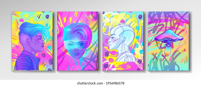 Retro Futurism or New Age style flyer set. Vector futuristic sacred geometry synth wave illustration. 80s poster background. Good design for t-shirt  print or greeting card. 