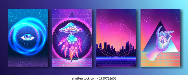 Retro Futurism or New Age style flyer set. Vector futuristic sacred geometry synth wave illustration. 80s poster background. Good design for t-shirt  print or greeting card. 