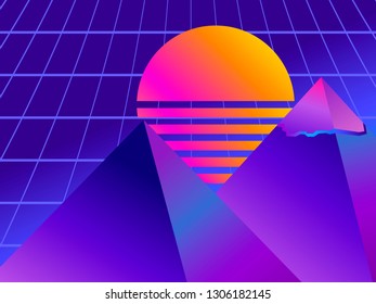 Retro futurism pyramid. Perspective grid. Neon sunset. Synthwave retro background. Retrowave. Vector illustration