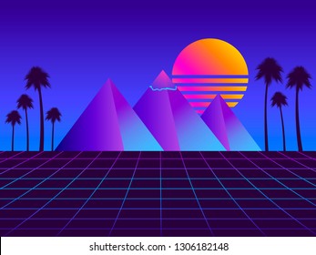 Retro futurism pyramids with palm trees. Perspective grid. Neon sunset. Synthwave retro background. Retrowave. Vector illustration
