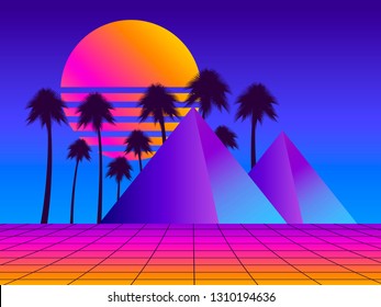 Retro futurism pyramids with palm trees. Perspective grid. Neon sunset. Synthwave retro background. Retrowave. Vector illustration