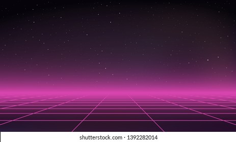 Retro Futurism Sci-Fi Background. Dark space with stars. Purple horizon light. Perspective grid. Abstract retro background in 80s style. Vector illustration