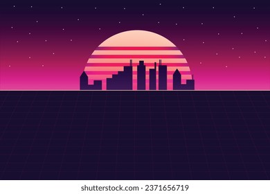 Retro Futurism Sci-Fi Background. glowing neon grid. and stars from vintage arcade computer games