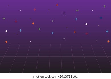 Retro Futurism Sci-Fi Background. glowing neon grid. and stars from vintage arcade computer games	