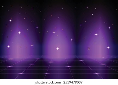 Retro Futurism Sci-Fi Background. glowing neon grid. and stars from vintage arcade computer games