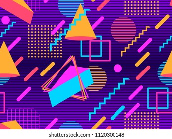 Retro futurism seamless pattern. Geometric elements memphis in the style of 80's. Synthwave retro background. Retrowave. Vector illustration