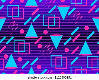 Retro futurism seamless pattern. Geometric elements memphis in the style of 80's. Synthwave retro background. Retrowave. Vector illustration