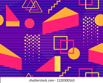 Retro futurism seamless pattern. Geometric elements memphis in the style of 80's. Synthwave retro background. Retrowave. Vector illustration