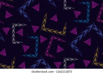 Retro futurism seamless pattern. Geometric elements memphis in the style of 80's. Triangles, lines, points. Vector template. Modern fashion design.