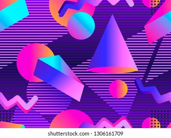 Retro futurism seamless pattern. Geometric elements memphis in the style of 80's. Synthwave retro background. Retrowave. Vector illustration