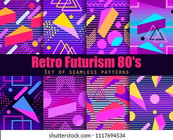 Retro futurism seamless pattern set. Geometric elements memphis in the style of 80's. Synthwave retro background. Retrowave. Vector illustration