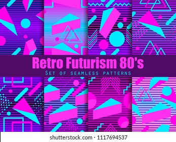 Retro futurism seamless pattern set. Geometric elements memphis in the style of 80's. Synthwave retro background. Retrowave. Vector illustration