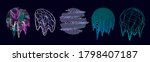 Retro futurism shapes, circle glitch and liquid elements. Holographic illuminated in 80s-90s. Futuristic design vaporwave, synthwave. Trendy shapes for merch and T-shirt. Vector set glitch elements