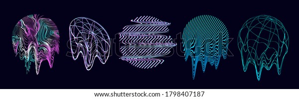 Retro futurism shapes, circle glitch and liquid\
elements. Holographic illuminated in 80s-90s. Futuristic design\
vaporwave, synthwave. Trendy shapes for merch and T-shirt. Vector\
set glitch elements
