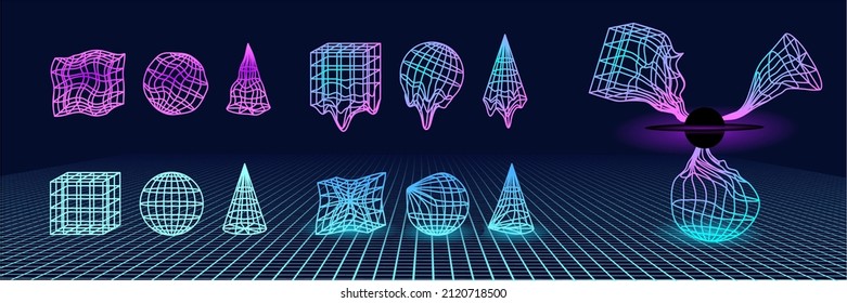 Retro futurism shapes, geometric fluid elements. Holographic backlighting in the 80s - 90s. Futuristic vaporwave design, synthesizer. Fashionable forms for merch and t-shirts. Vector set of glitch ele