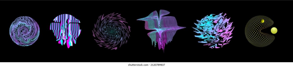 Retro futurism shapes, geometric fluid elements. Holographic backlighting in the 80s - 90s. Futuristic vaporwave design. Fashionable forms for merch and t-shirts. Vector set of glitch elements. Pacman