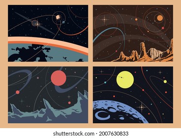 Retro Futurism Space Illustrations, Abstract Mosaic Cosmic Background Set, Planets, Stars, Asteroids