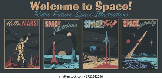 Retro Futurism Space Illustrations, Planets, Rockets And Astronaut
