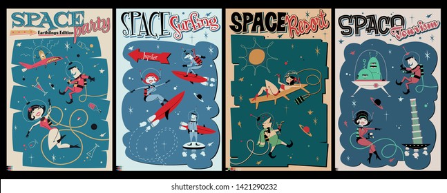 Retro Futurism, Space Party, Resort, Surfing and Space Tourism Mid-Century Modern Illustration 