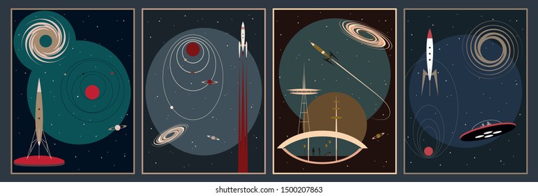 Retro Futurism Space Posters, Mid Century Modern Style Illustrations 