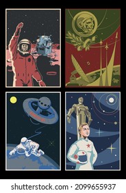 Retro Futurism Space Propaganda Poster Set, Astronauts, Orbital Station, Martian Landing Module, Young Astronaut