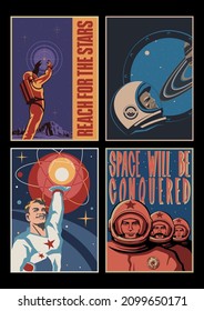 Retro Futurism Space Propaganda Posters, Astronauts, Cosmonauts, Planets and Stars